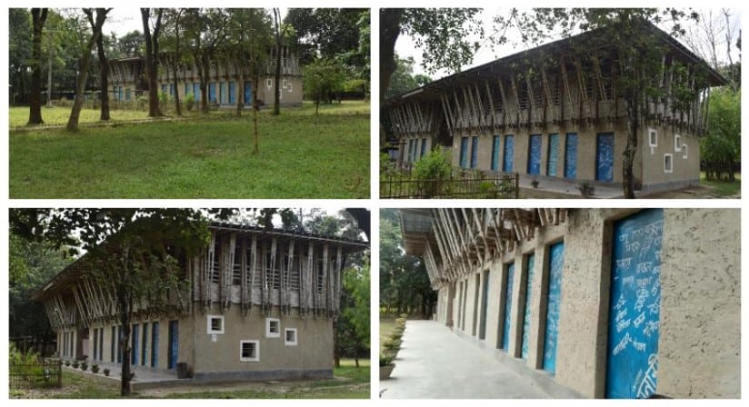 The artistic institutions' Anandaloy' and 'METI School' are made of natural materials