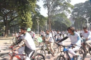 A colorful bicycle rally to increase bicycling facilities to prevent Carbon emissions and climate change