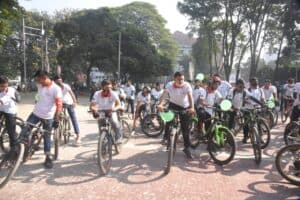 A colorful bicycle rally to increase bicycling facilities to prevent Carbon emissions and climate change
