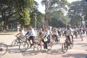A colorful bicycle rally to increase bicycling facilities to prevent Carbon emissions and climate change