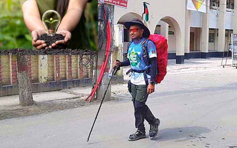a bangladeshi youth has set out to travel the world on foot in order to develop environmental awareness